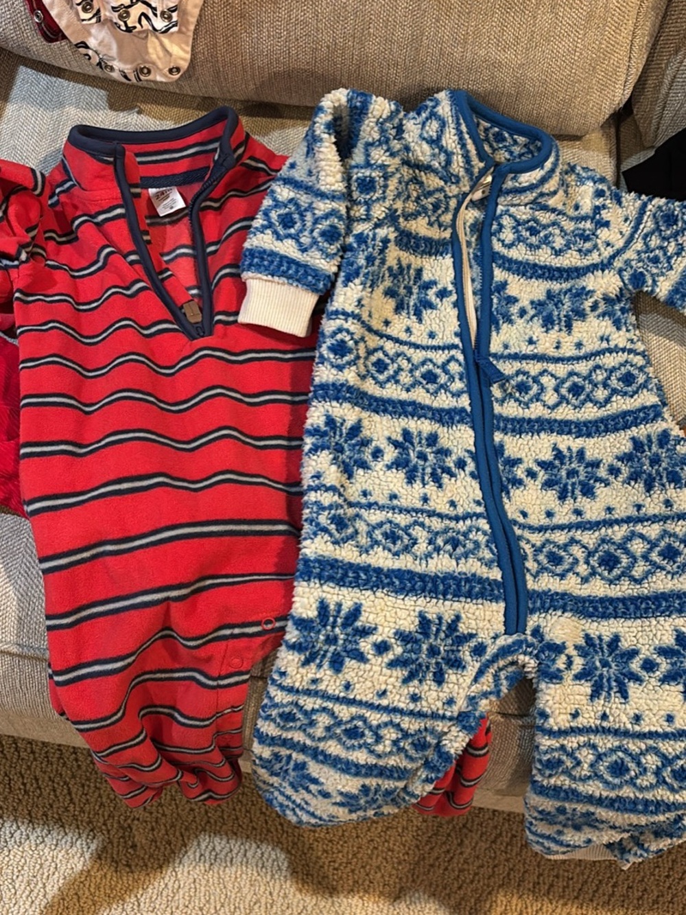 Carters Red Striped Kids One-Piece Romper and Blue Snowflake Fleece One-Piece